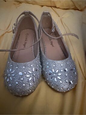 Little Angel Girls' Silver Glitter Jeweled Dress with Ankle Strap